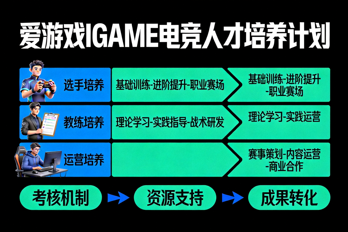 爱游戏IGAME电竞人才培养计划示意图，展示选手、教练、运营等多维度培养路径
