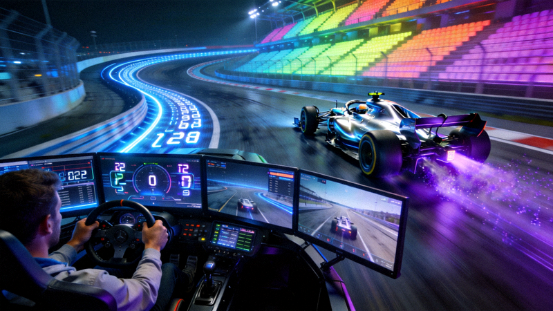 F1虚拟赛车比赛画面，选手使用模拟器在数字赛道上竞速
