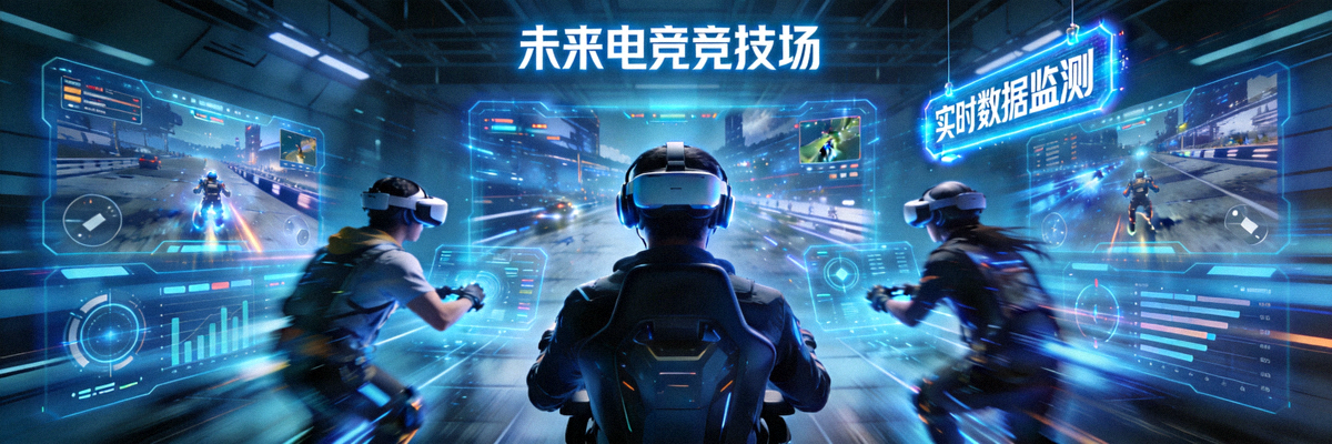 概念图展示未来电竞场景，选手佩戴VR设备在虚拟空间中竞技