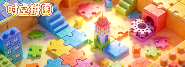休闲解谜游戏《时空拼图》关卡设计，展示色彩缤纷的3D拼图解谜场景