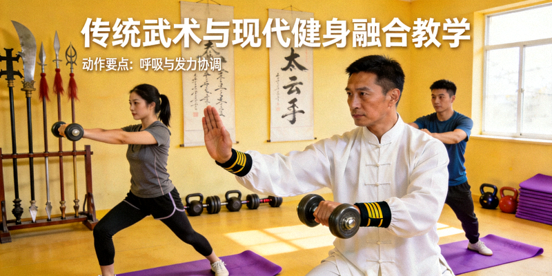 传统武术与现代健身结合的教学场景，教练在指导学员