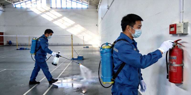 室内体育场馆，工作人员正在进行日常消毒与安全检查