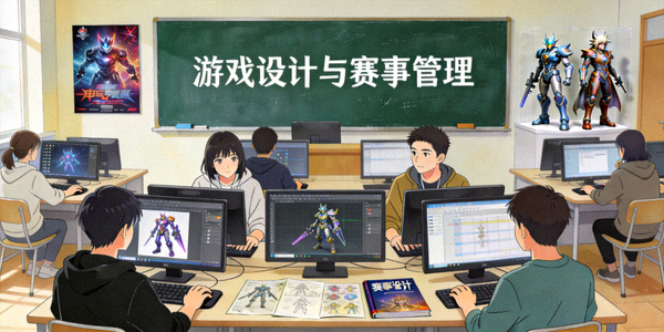 电竞教育课堂场景，学生在学习游戏设计与赛事管理