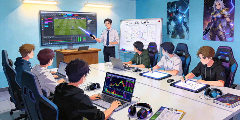 电竞教育课堂场景，学生在学习赛事数据分析和战术复盘