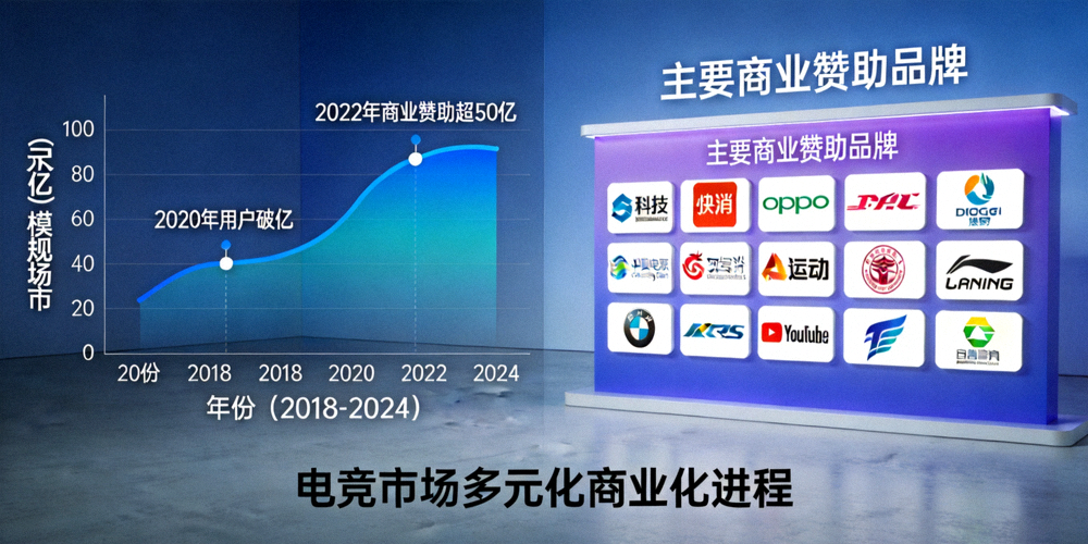 电竞市场增长曲线图表与商业赞助品牌logo墙，展示市场多元化商业化进程