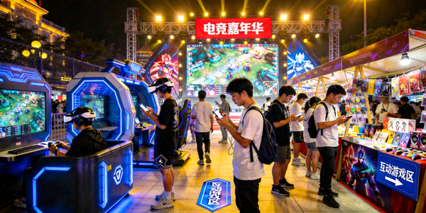 热闹的电竞主题线下嘉年华活动现场，粉丝参与互动游戏