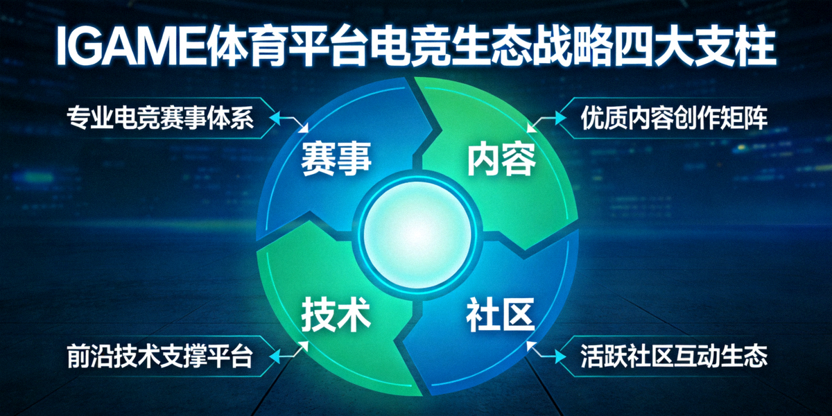 IGAME体育平台电竞生态战略四大支柱示意图，以图形化方式展示赛事、内容、技术、社区的关联