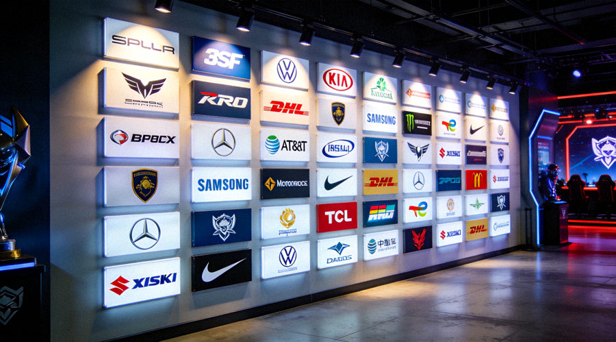 电竞赛事赞助商品牌墙展示，众多国际知名品牌Logo排列，体现赛事强大的商业吸引力