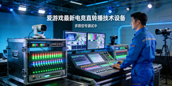 爱游戏展示最新电竞直转播技术设备，工程师正在调试多路信号