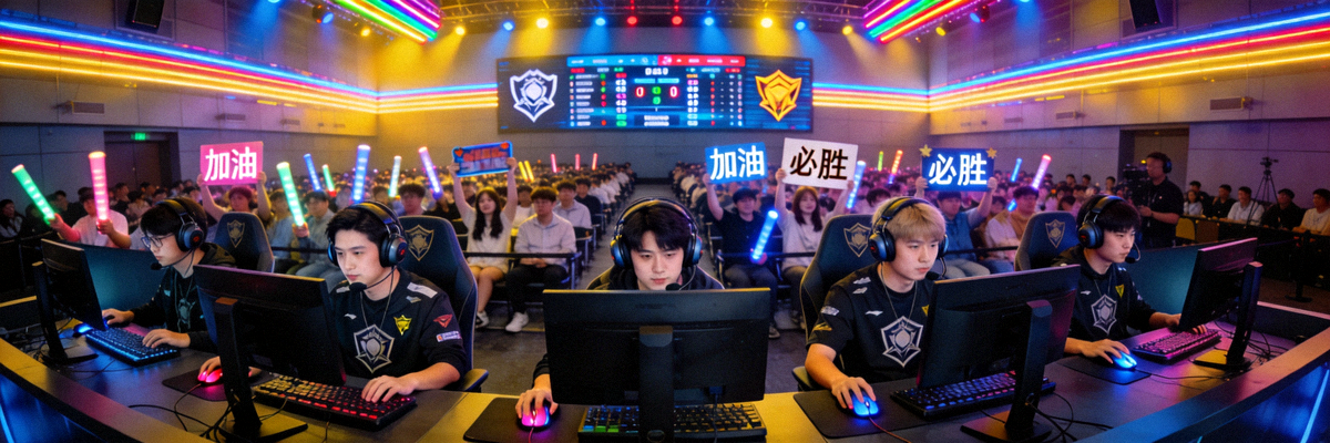 电竞比赛现场，选手佩戴专业设备在现代化场馆中竞技，观众席座无虚席