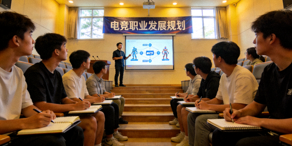 电竞职业发展讲座现场，年轻听众正在认真听讲