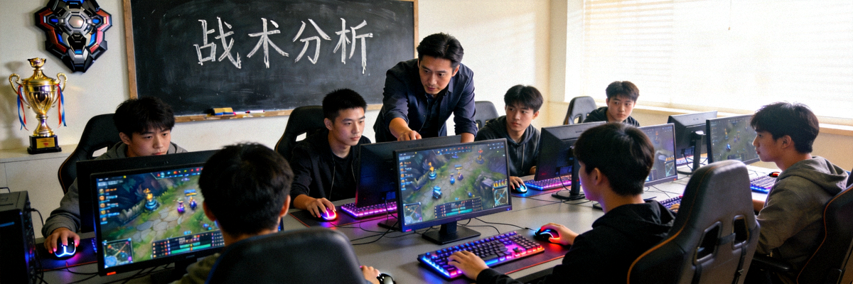 电竞教育课堂场景，学生在电脑前学习，老师在一旁指导，黑板上写着战术分析