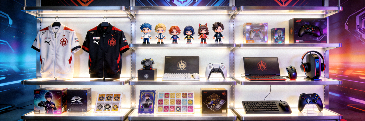 电竞衍生品展示架，包括战队队服、手办、联名外设、纪念邮票等多样化产品