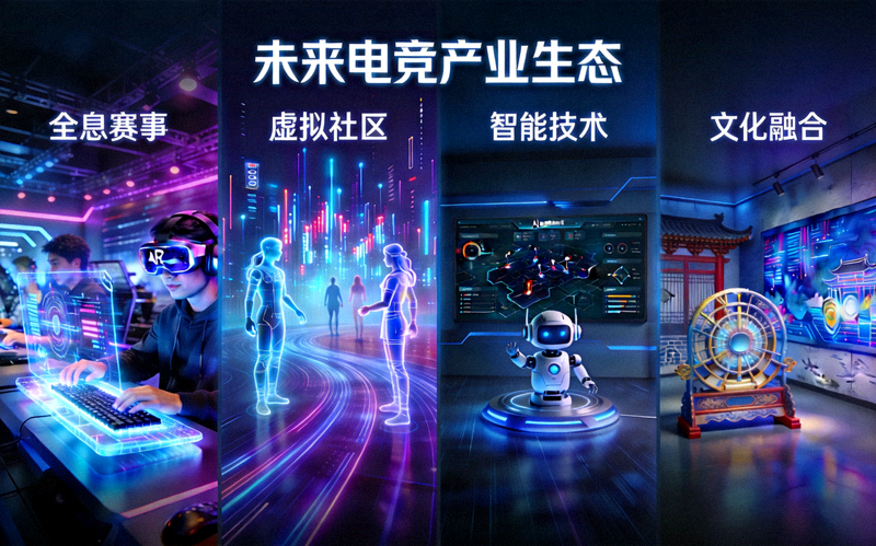 描绘未来电竞产业生态的概念图，包含赛事、社区、技术与文化