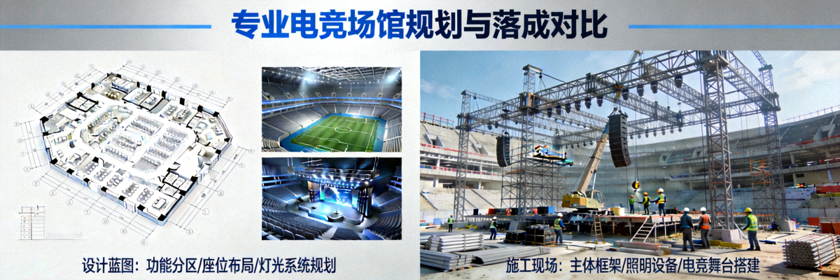 专业电竞场馆设计蓝图与施工现场对比图，展示从规划到落成的过程