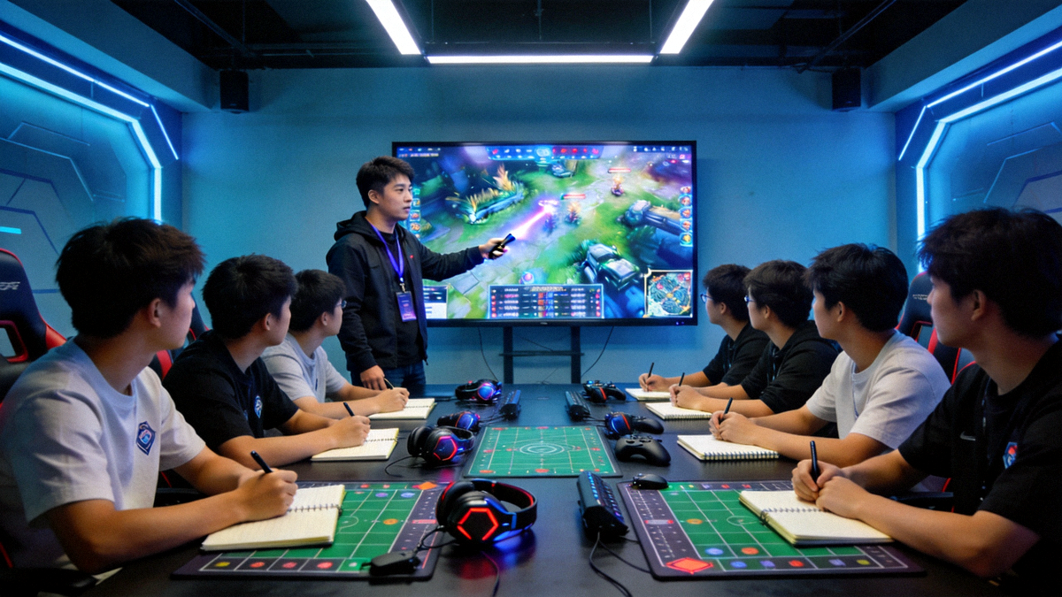 电竞培训教室内，年轻学员正在教练指导下进行团队战术分析与复盘
