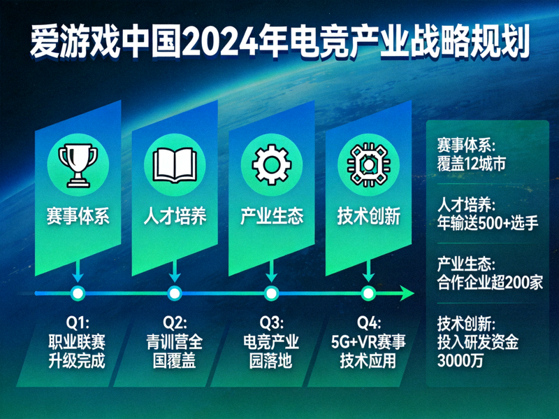 爱游戏中国2024年电竞产业战略规划信息图，展示四大支柱与年度里程碑关系