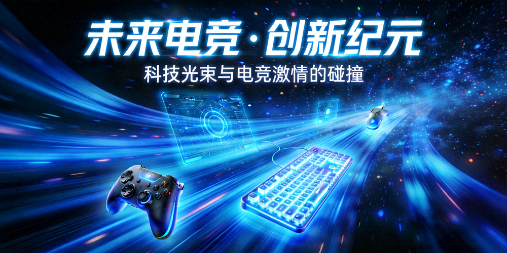 象征未来的科技光束与电竞元素结合的概念图，充满希望与创新感
