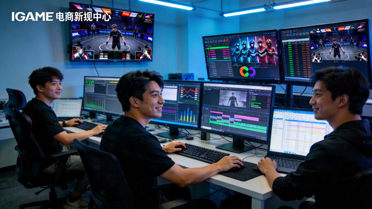 IGAME电竞新闻中心工作场景，编辑团队正在协作进行多屏幕内容制作与数据分析