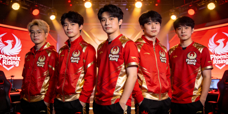 Phoenix Rising战队新阵容亮相，五名选手身穿红金队服并肩站立