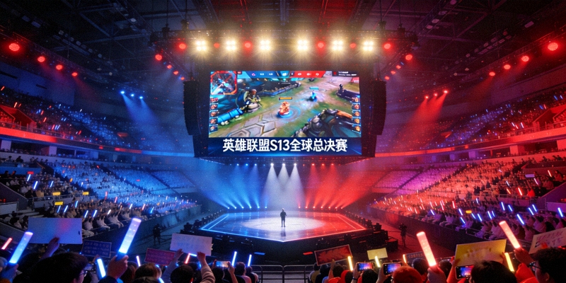 电竞比赛场馆全景，舞台中央大屏幕显示比赛画面，观众席坐满热情粉丝