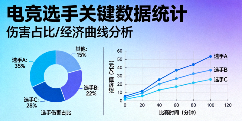 电竞数据分析图表，显示选手伤害占比、经济曲线等关键数据