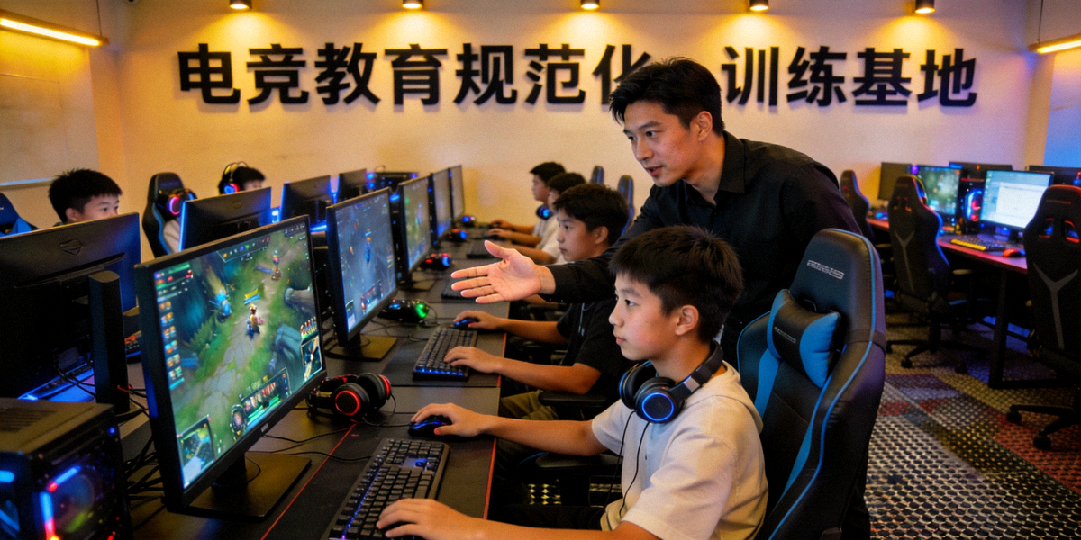 青少年在专业电竞教室中进行训练，配备高性能电脑和教练指导，体现电竞教育的规范化发展