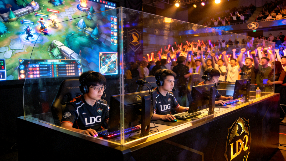DOTA2国际邀请赛比赛现场，LGD战队选手在隔音对战房中全神贯注操作，背后大屏幕显示游戏画面与观众席