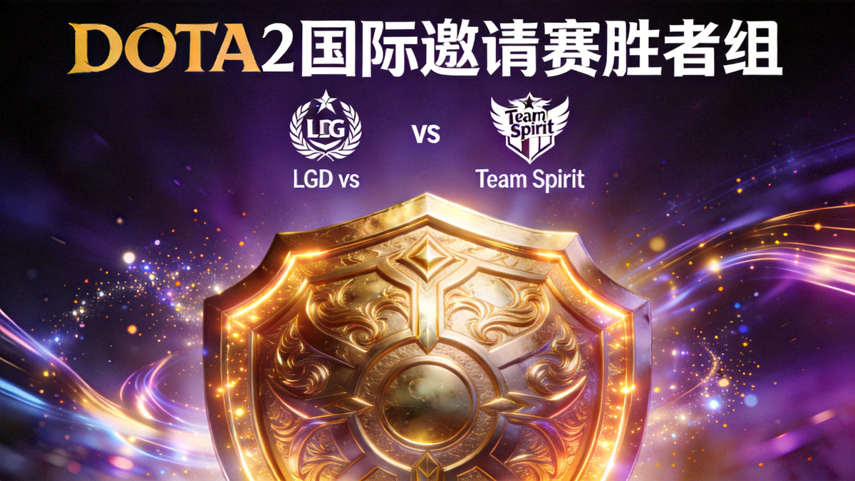 DOTA2国际邀请赛胜者组对阵图，LGD战队标志与Team Spirit标志并列，背景为冠军盾特效