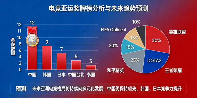 电竞亚运奖牌榜分析图，展示各国金牌数量与项目分布，预测未来竞技趋势
