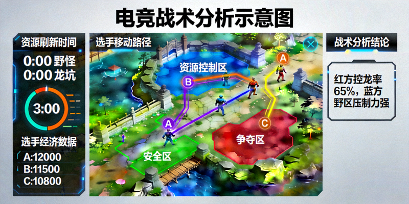 电竞战术分析示意图，显示地图资源控制与选手移动路径的深度数据解析