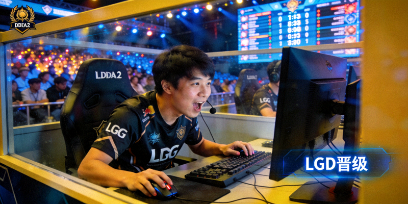 DOTA2国际邀请赛现场，LGD战队选手在隔音房内专注比赛，完成逆转晋级