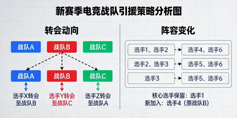 新赛季电竞战队引援策略分析图，展示各队选手转会动向与阵容变化