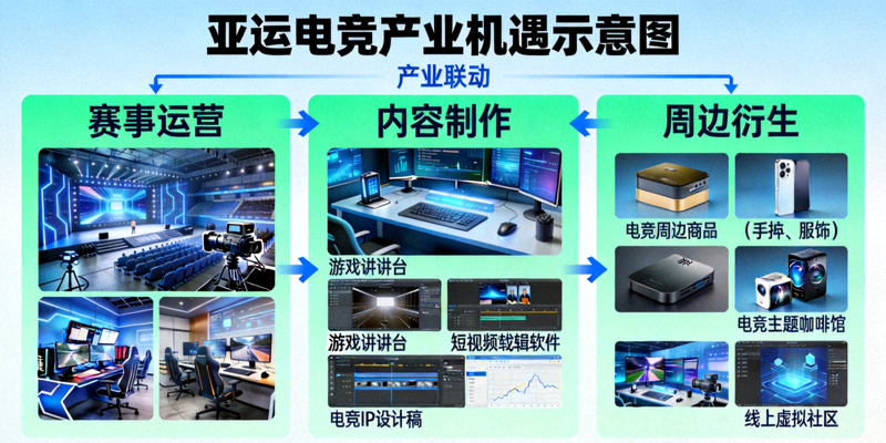 亚运电竞产业机遇示意图，包含赛事运营、内容制作、周边衍生等多元板块