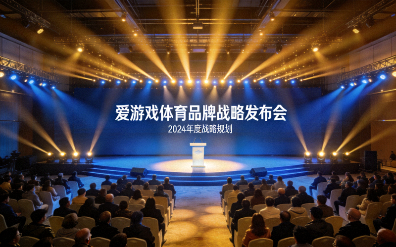 爱游戏体育品牌战略发布会现场，观众席与舞台灯光交相辉映