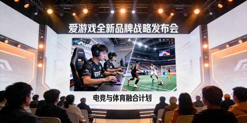 爱游戏官网发布全新品牌战略发布会现场，大屏幕展示电竞与体育融合画面