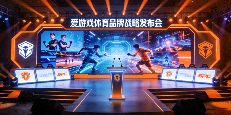 爱游戏体育品牌战略发布会现场，舞台上展示全新电竞娱乐愿景