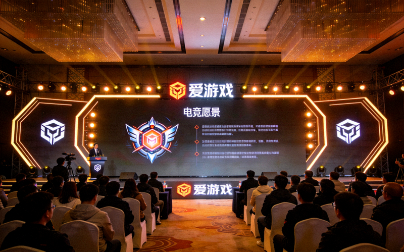 爱游戏官网品牌战略发布会现场，大屏幕展示全新品牌标识与电竞愿景