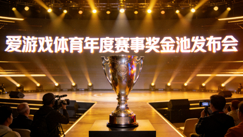 爱游戏体育年度赛事奖金池发布会现场，舞台上展示奖杯