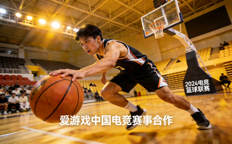 篮球运动员在室内球场上运球突破，对应爱游戏中国电竞赛事合作消息