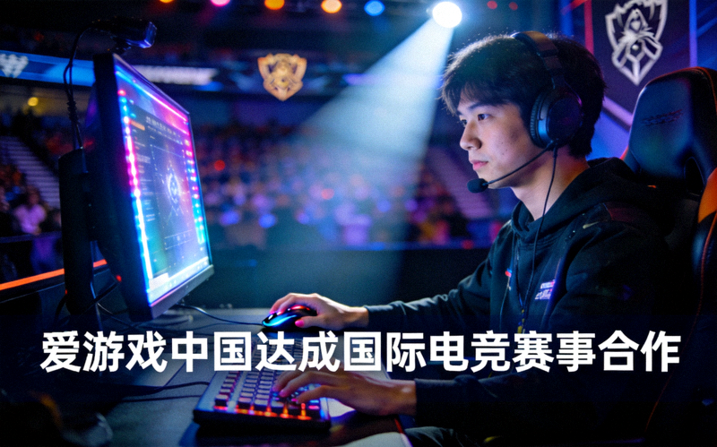 电子竞技选手在聚光灯下操作设备，爱游戏中国达成国际电竞赛事合作