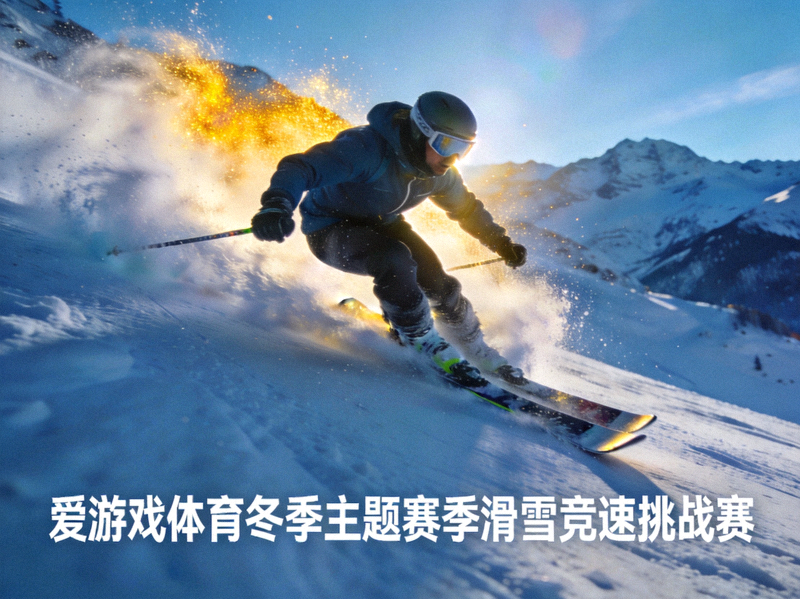 滑雪运动员从雪坡高速滑下扬起雪雾，对应爱游戏体育冬季主题赛季滑雪竞速挑战赛