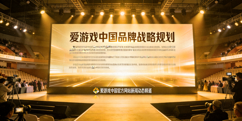 爱游戏中国官方网站新闻动态频道发布会现场，舞台大屏展示品牌战略内容