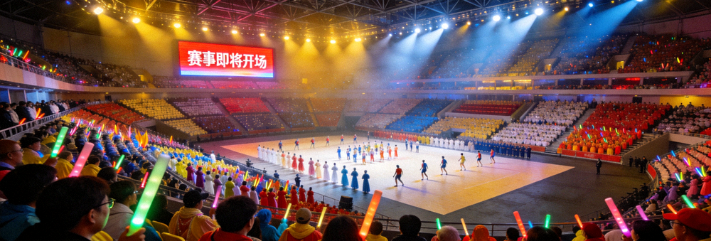 大型体育场馆内观众席座无虚席，赛事即将开场的全景画面