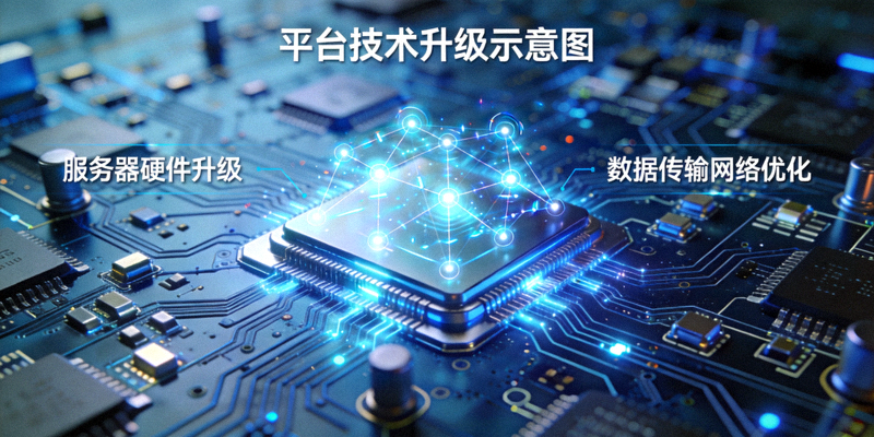 平台技术升级示意图，服务器电路板与数据传输网络特写