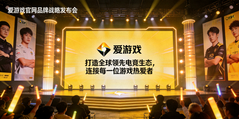 爱游戏官网品牌战略发布会现场，舞台大屏展示全新品牌标识与电竞愿景