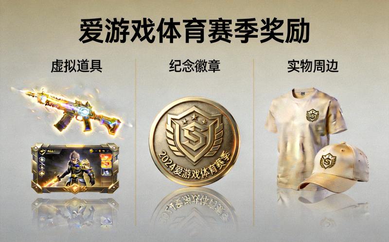 爱游戏体育赛季奖励展示图，包含虚拟道具、纪念徽章与实物周边