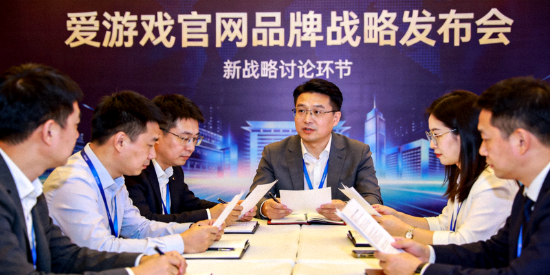 爱游戏官网品牌战略发布会现场，参会人员围绕长桌讨论新战略