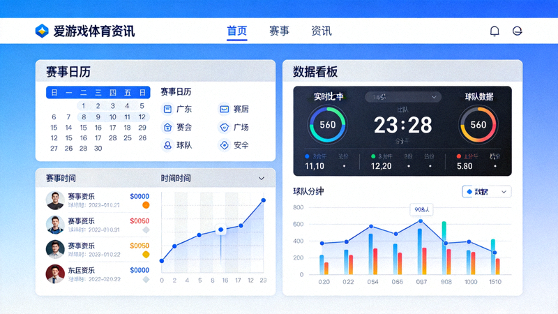 爱游戏体育资讯栏目焕新后的页面截图，新增赛事日历与数据看板模块的界面展示