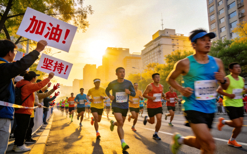 城市马拉松赛道上成群跑者并肩前行，赛道两侧观众加油助威